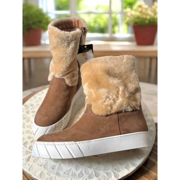 Aquatalia Nelle Shearling Boots Women 7.5 Tan Suede Real Fur Waterproof Made in - Picture 1 of 12